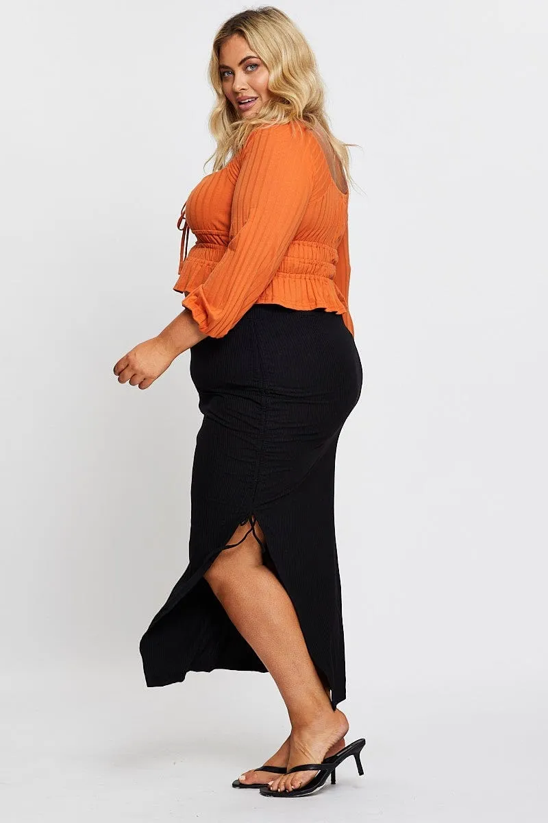 Breezy Fit Black Rib Ruched Midi Skirt