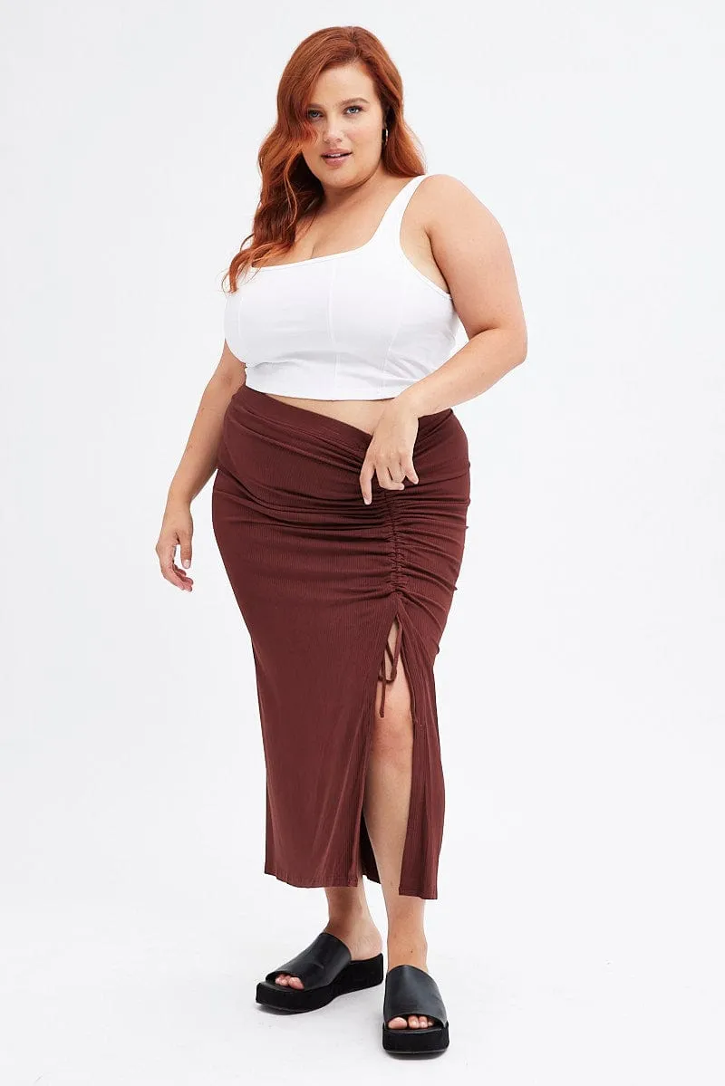 Brown Midi Skirt Rib Ruched Style Moment