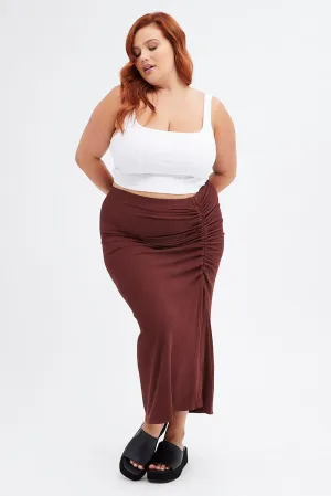 Brown Midi Skirt Rib Ruched Flexible Comfort Breezy Outfit