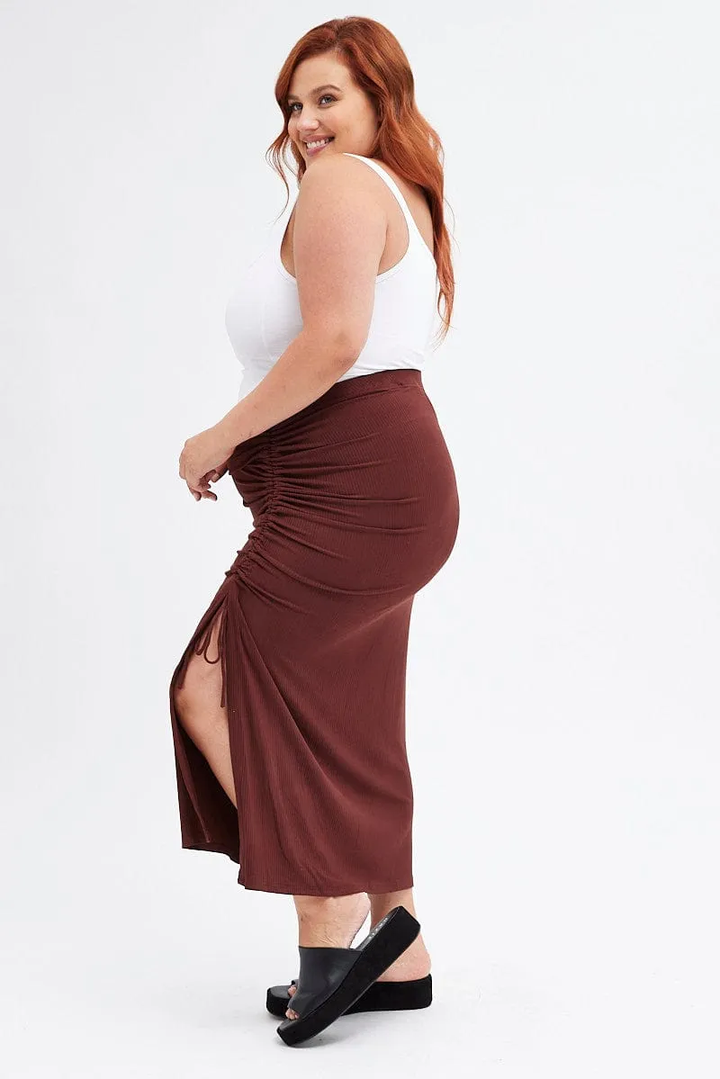 Satin feel Sporty Edge Brown Midi Skirt Rib Ruched