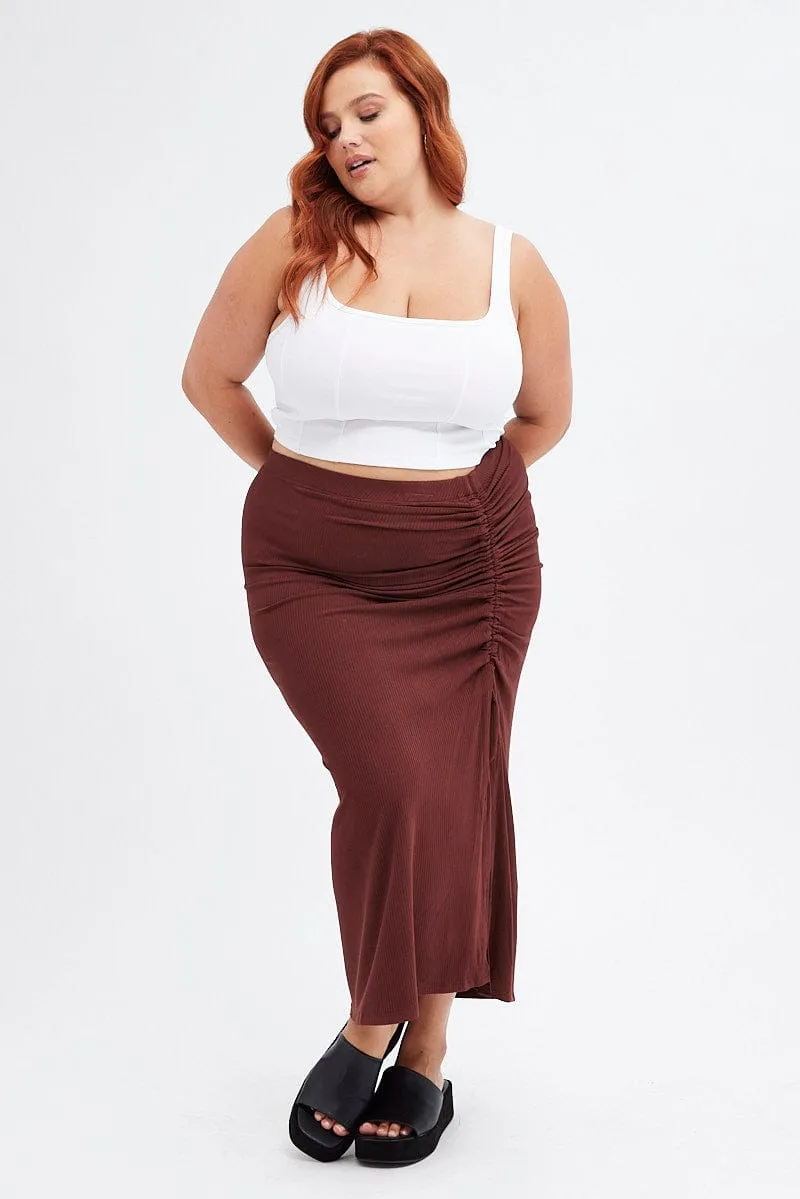 Brown Midi Skirt Rib Ruched Flexible Comfort Breezy Outfit