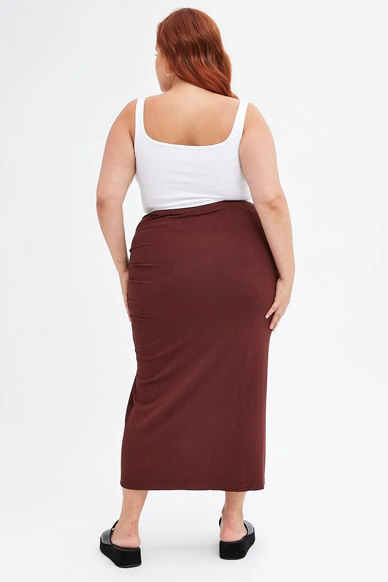 Brown Midi Skirt Rib Ruched Silk Touch Functional Fashion
