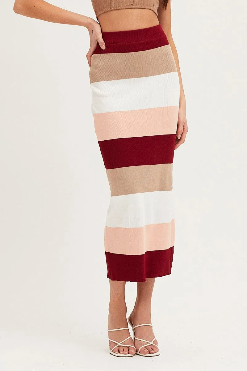 Stretch Material Multi Knit Midi Skirt