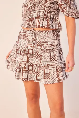Day To Night Brown Abstract Skater Skirt Tiered Mini