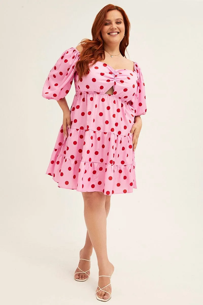 Pink Polka Dot Mini Dress Puff Sleeve Gather Front Peephole City Beat