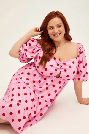 Pink Polka Dot Mini Dress Puff Sleeve Gather Front Peephole Cozy Wear Relaxed-fit mini gown