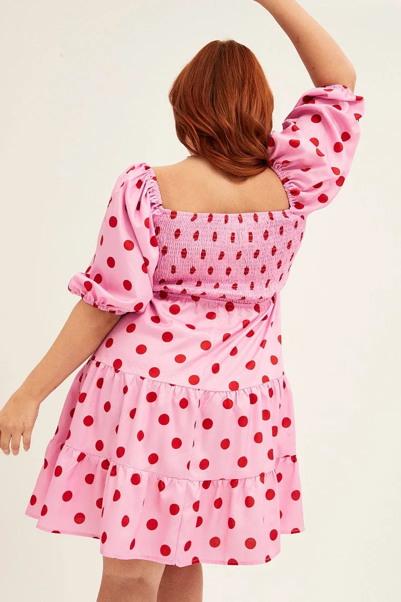 Pink Polka Dot Mini Dress Puff Sleeve Gather Front Peephole Bar Pop Stylish Daywear