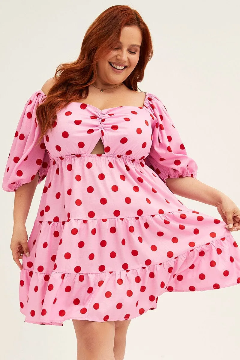 Style Pop Pink Polka Dot Mini Dress Puff Sleeve Gather Front Peephole