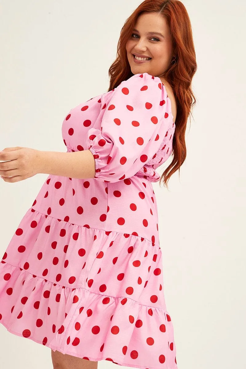 Bold print mini dress Pink Polka Dot Mini Dress Puff Sleeve Gather Front Peephole