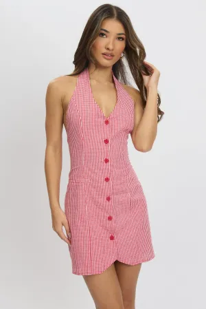 Red Check Halter Neck Dress Mini Style Beat Fresh Vibe