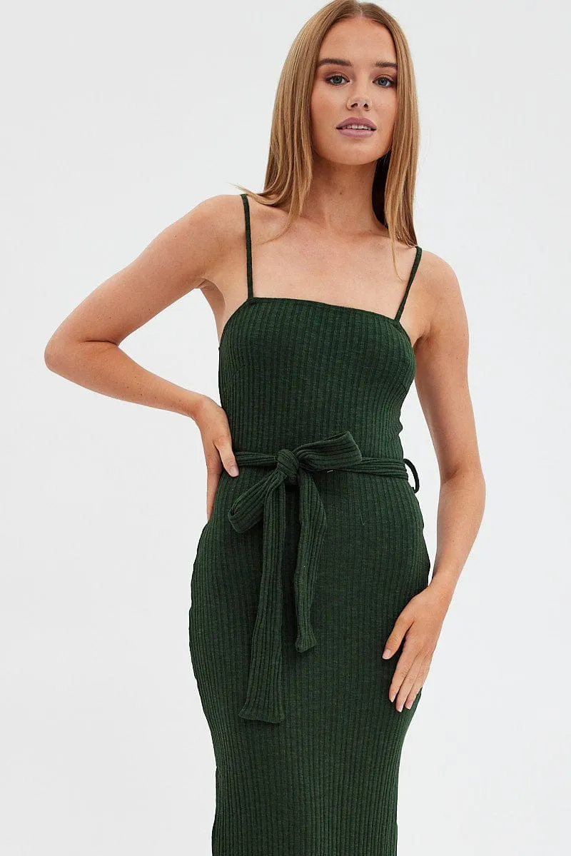 Mist Path Green Maxi Dress Bodycon Tie Belted Rib