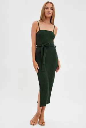 Green Maxi Dress Bodycon Tie Belted Rib Petal Rain