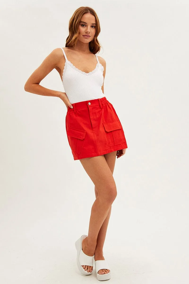 Red Mini Skirt Cargo Cotton Blend Machine washable Media Feature