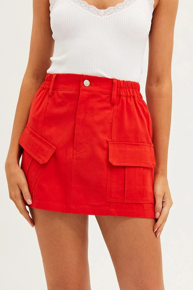 Hand Painted Red Mini Skirt Cargo Cotton Blend