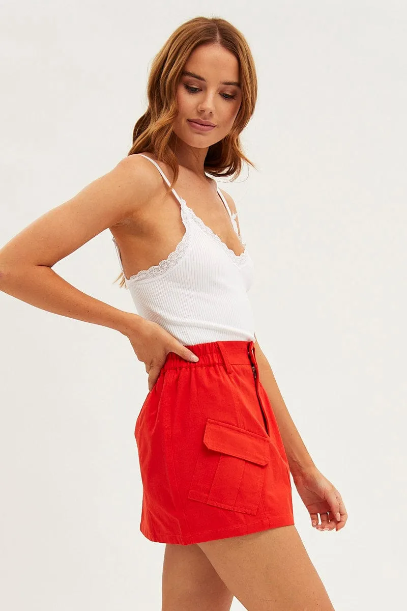 Weekend Favorite Red Mini Skirt Cargo Cotton Blend