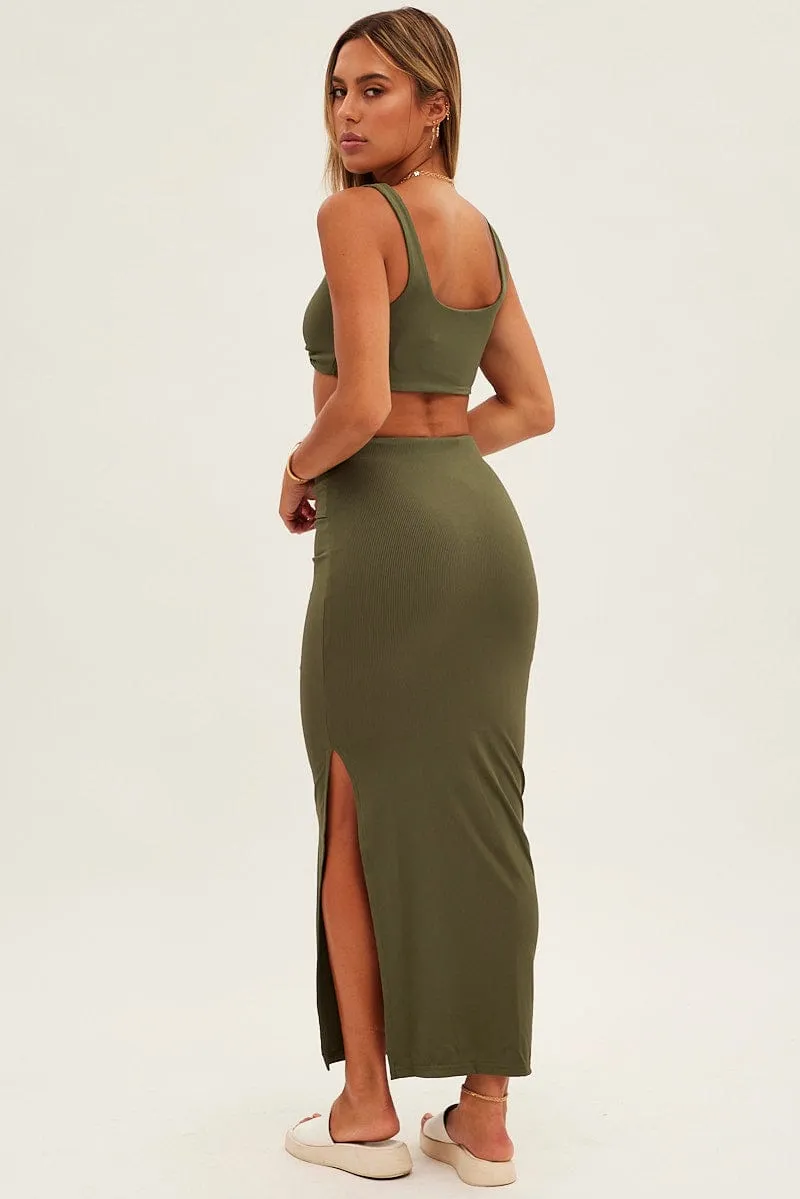 Smooth Edging Green Midi Skirt High Rise Pencil Ribbed
