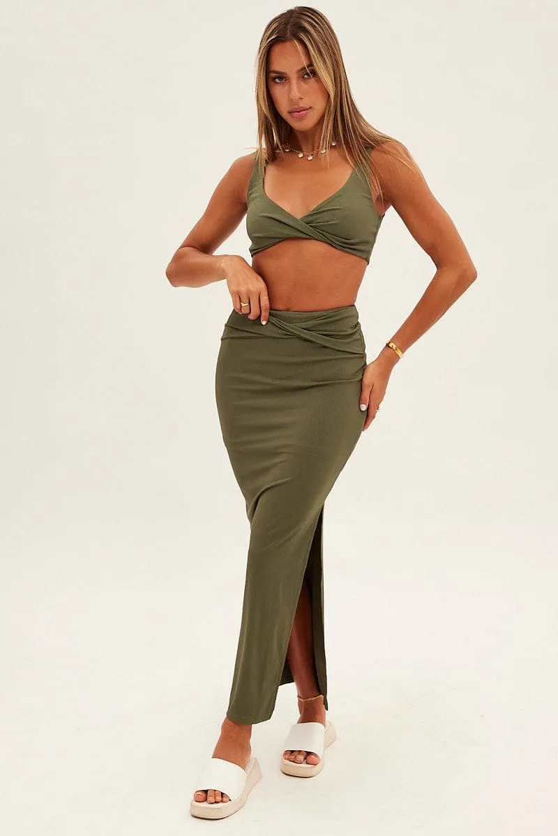 Green Midi Skirt High Rise Pencil Ribbed Budget Friendly Minimal Design