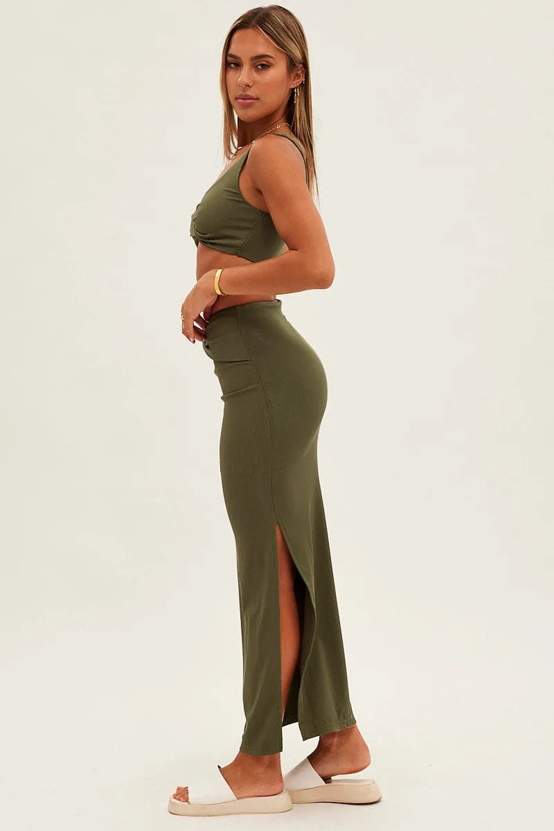 Green Midi Skirt High Rise Pencil Ribbed Print Mix