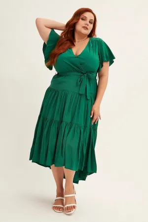 Desk To Dinner Picnic Shade Green Midi Dress V-neck Tie