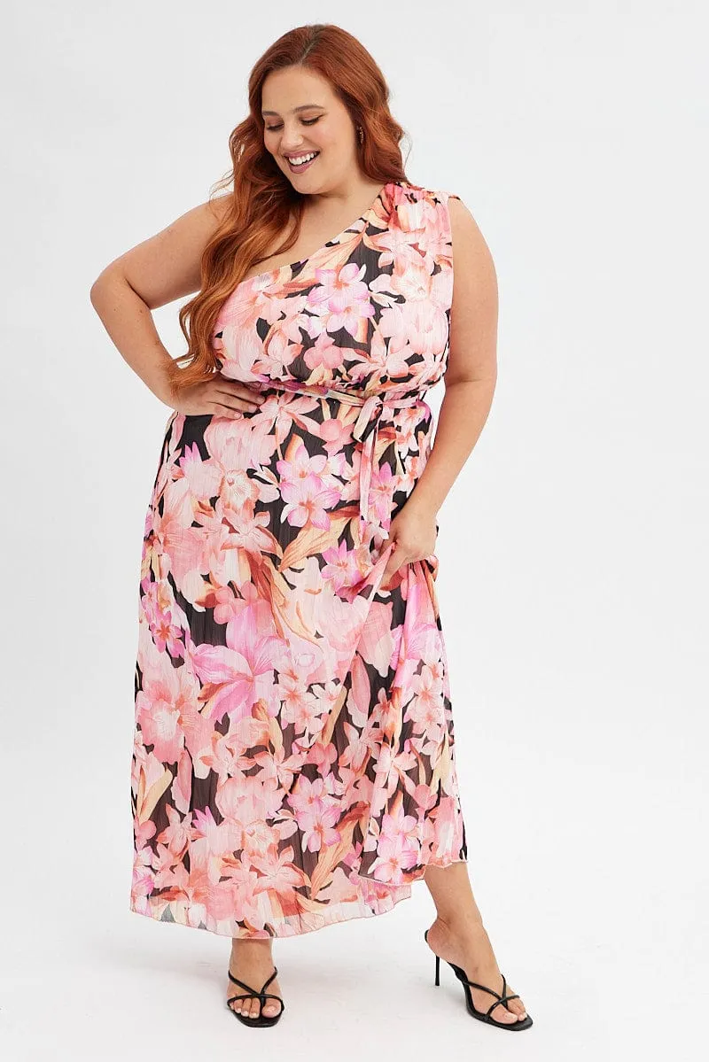 Orange Floral Midi Dress One Shoulder High impact