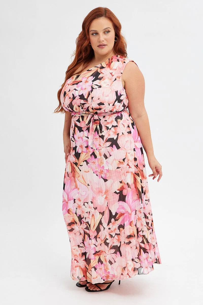 Port Side Orange Floral Midi Dress One Shoulder