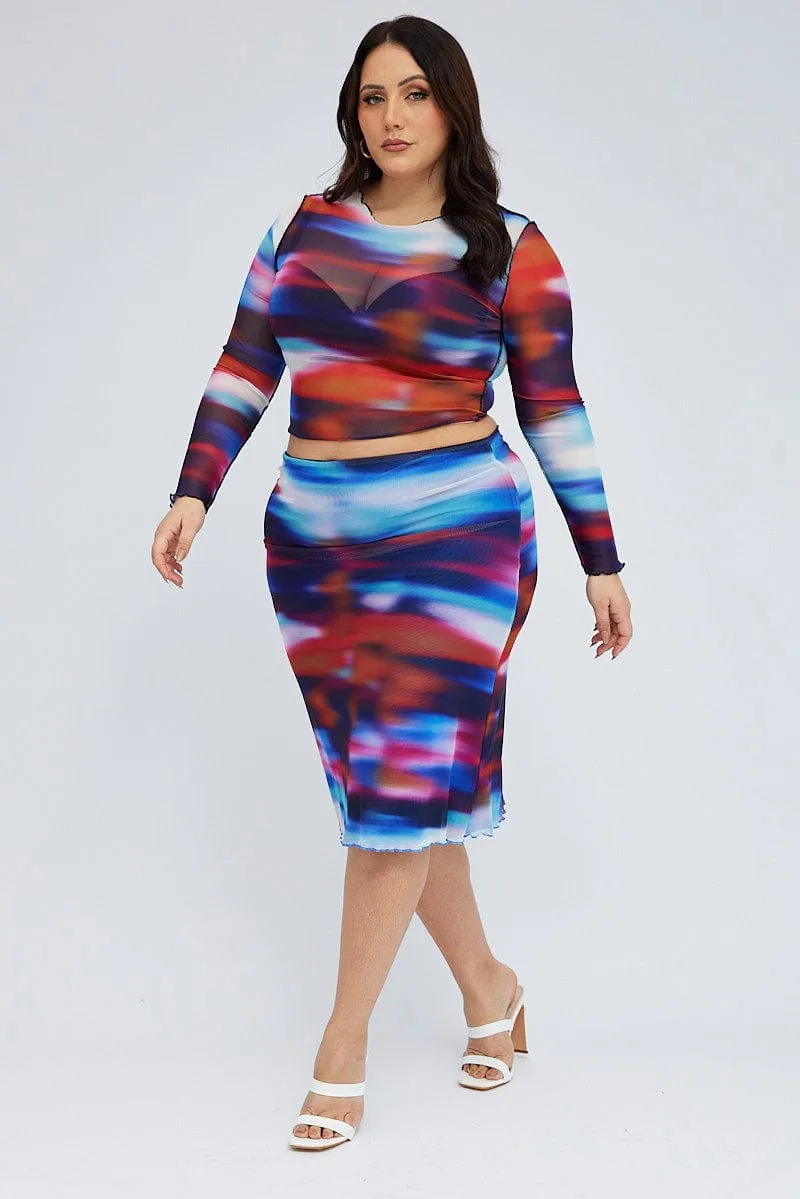 Multi Abstract Midi Skirt Mesh Lined Elastic Waist Non Restrictive Fit Travel Ease