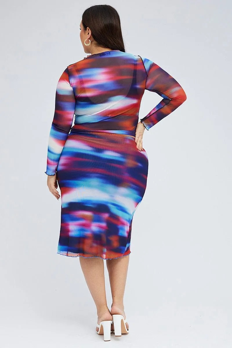 Bold Print Gather Details Multi Abstract Midi Skirt Mesh Lined Elastic Waist