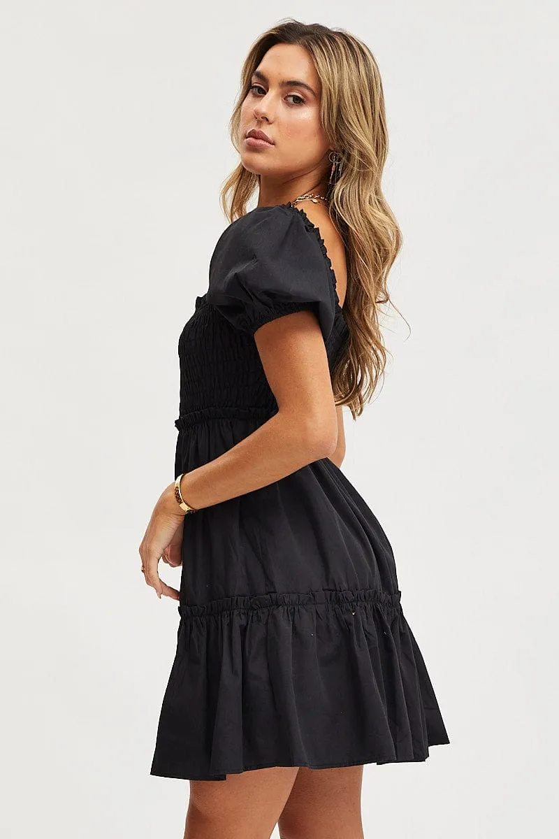 Coquette Feel Summer Vibes Black Mini Dress Short Sleeve Square Neck