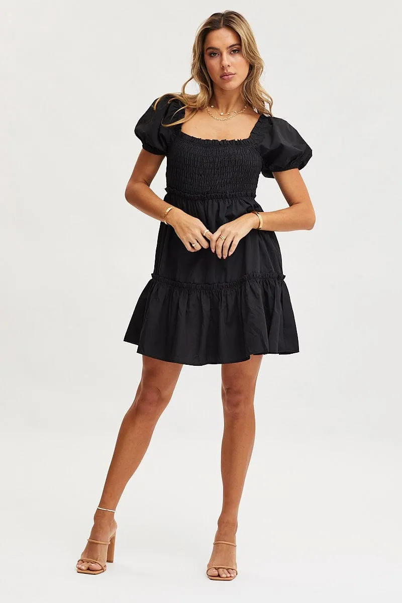 Black Mini Dress Short Sleeve Square Neck Youth Glow