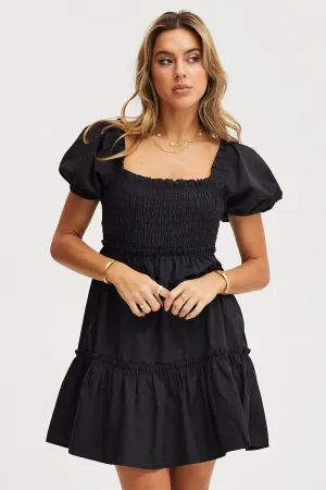 Gathered Waist Technique Black Mini Dress Short Sleeve Square Neck