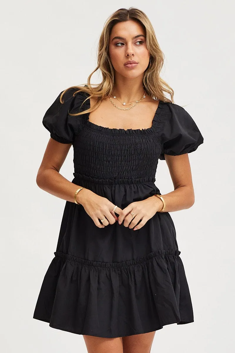 Gathered Waist Technique Black Mini Dress Short Sleeve Square Neck