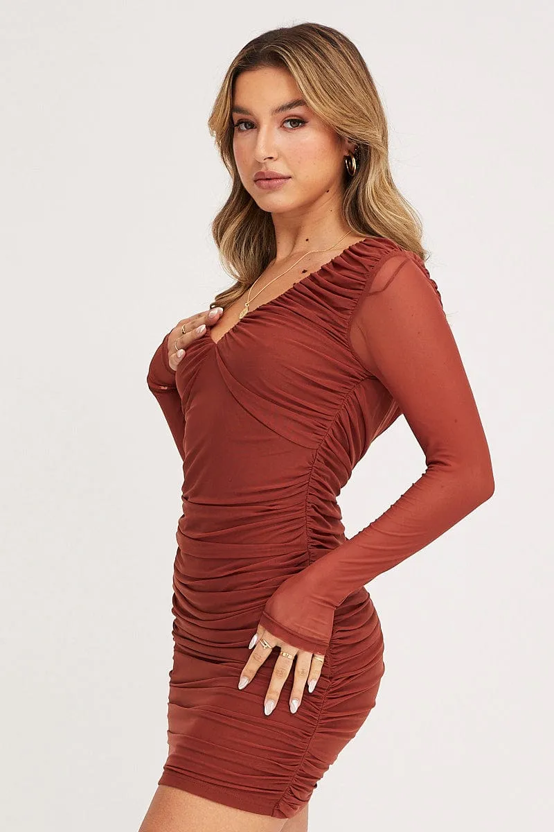 Brown Mini Dress Long Sleeve Evening Mesh Quick Scene Weekend Ready