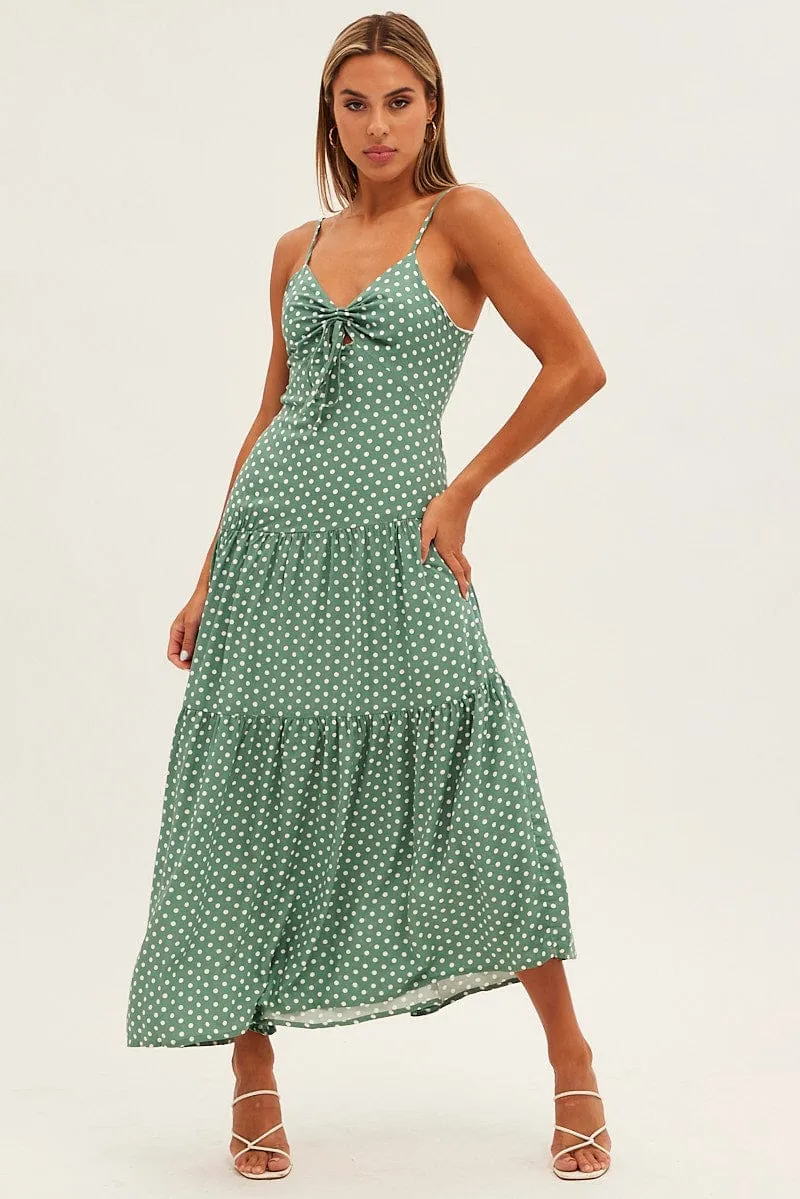 Fashionable day-to-night gown Print Polka Dot Maxi Dress Sleeveless Tie Front Tiered Polka Dot