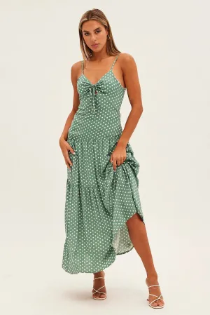 Print Polka Dot Maxi Dress Sleeveless Tie Front Tiered Polka Dot The maxi length of this dress provides full coverage while still maintaining a lightweight feel This maxi dress combines a relaxed fit with an elegant look for a versatile wardrobe piece