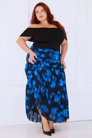 Outfit Details Designer Inspired Blue Abstract Elastic Waist Tie Front Maxiskirt