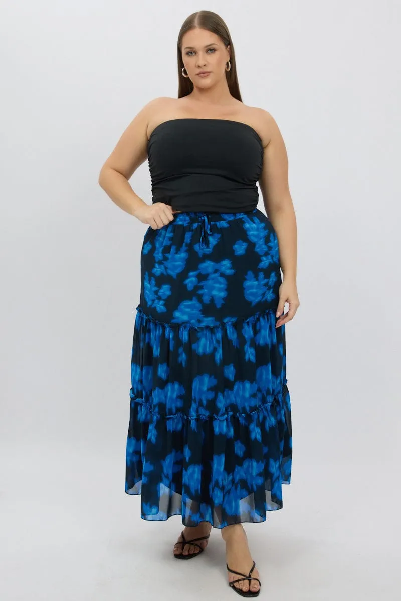 Pleated Construction Department Store Style Blue Abstract Elastic Waist Tie Front Maxiskirt