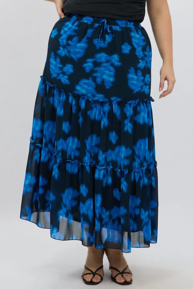Stretchable Waist Tie Dye Style Blue Abstract Elastic Waist Tie Front Maxiskirt