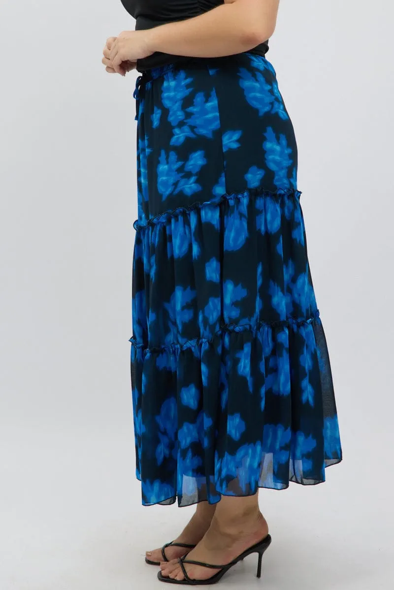 Blue Abstract Elastic Waist Tie Front Maxiskirt Stretchy