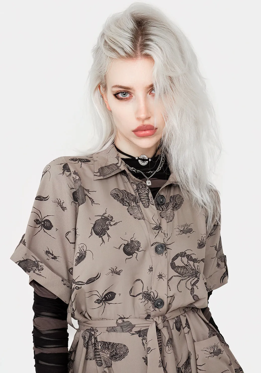 Fashionable date night outfit Parasite Bugs Print Mini Short Sleeve Shirt Dress - Taupe