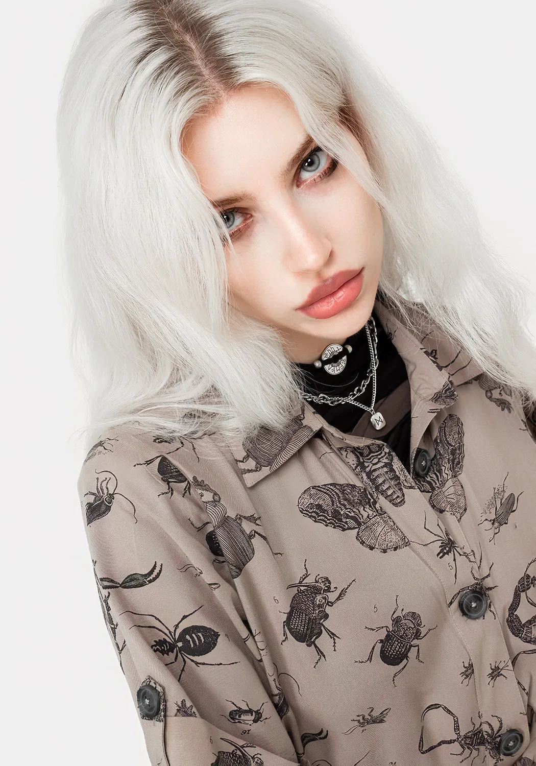Comfortable party dress Parasite Bugs Print Mini Short Sleeve Shirt Dress - Taupe