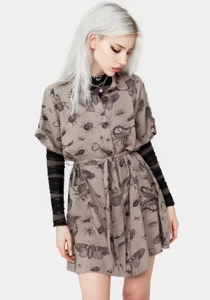 Parasite Bugs Print Mini Short Sleeve Shirt Dress - Taupe Ruched Bodice Structure Simple Style
