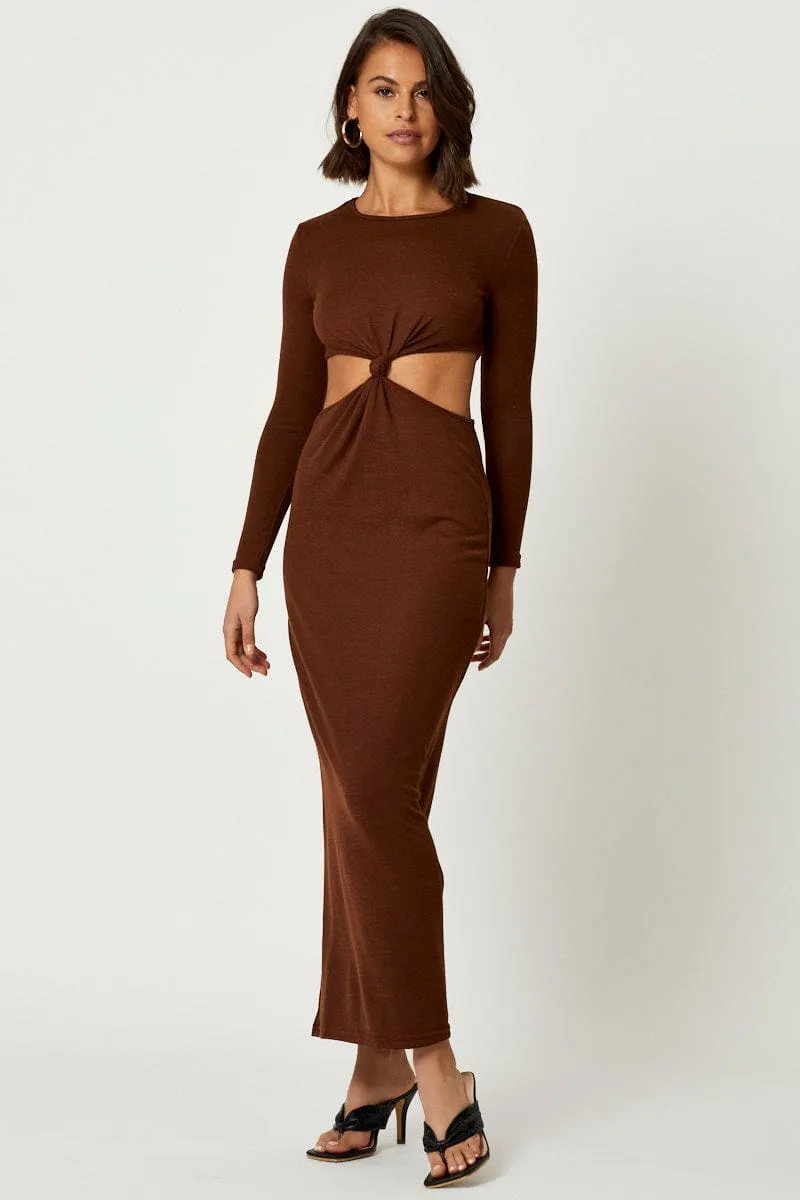 Open Back Brown Knot Front Cut Out Dress
