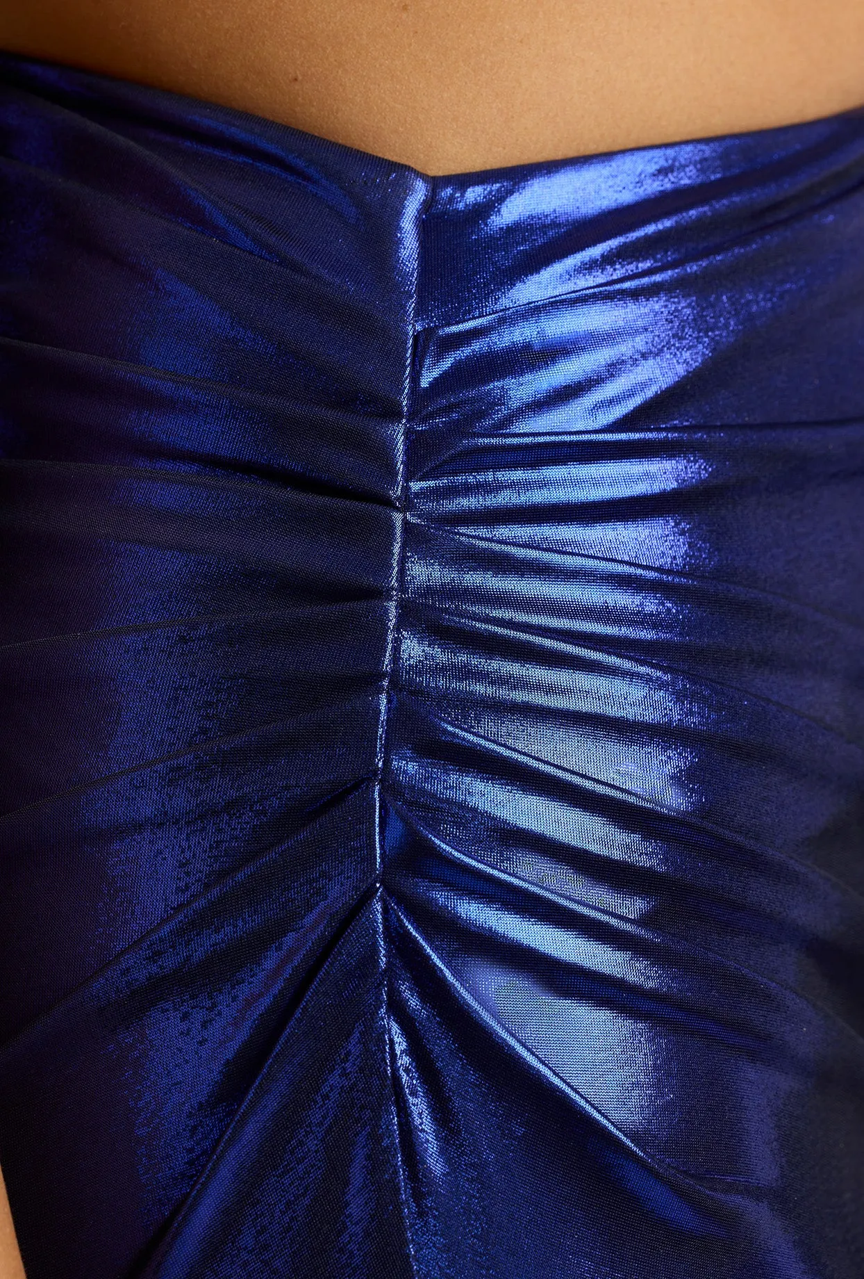 Olive Green Goddess Glow Draped Metallic Jersey Maxi Dress in Electric Blue