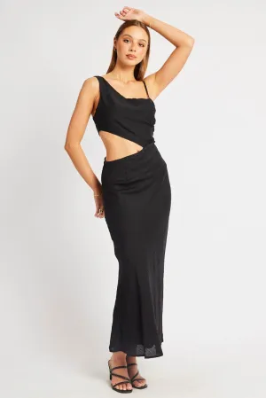 The flattering cut of this dress creates a polished appearance without being overly fussy Elegant floor-length dress Black Maxi Dress Cut Out Detail