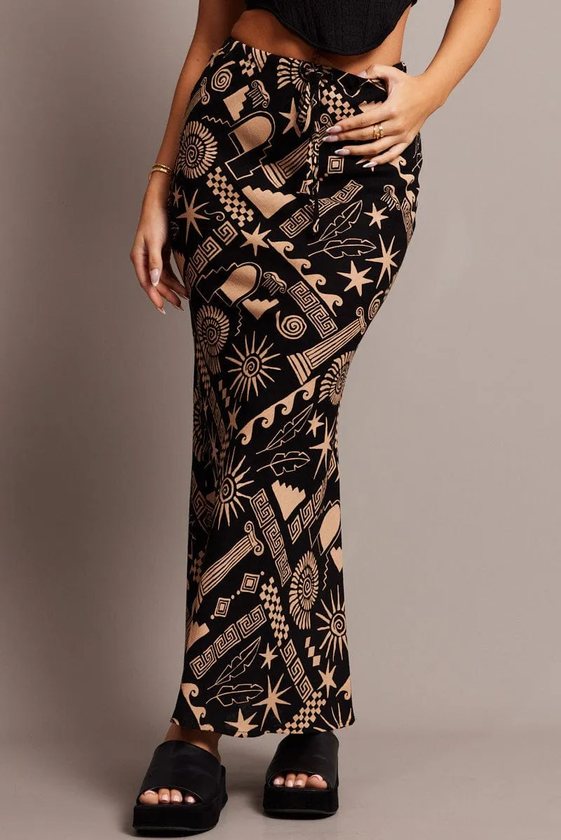 Adjustable Ties Refined Mood Black Abstract Slip Skirt Midi Linen Blend
