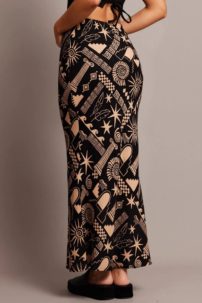 Black Abstract Slip Skirt Midi Linen Blend Future Fashion garden party