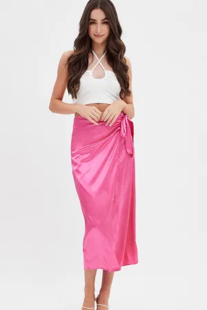 Pink Twist Midi Skirt Travel Friendly Pull On Style