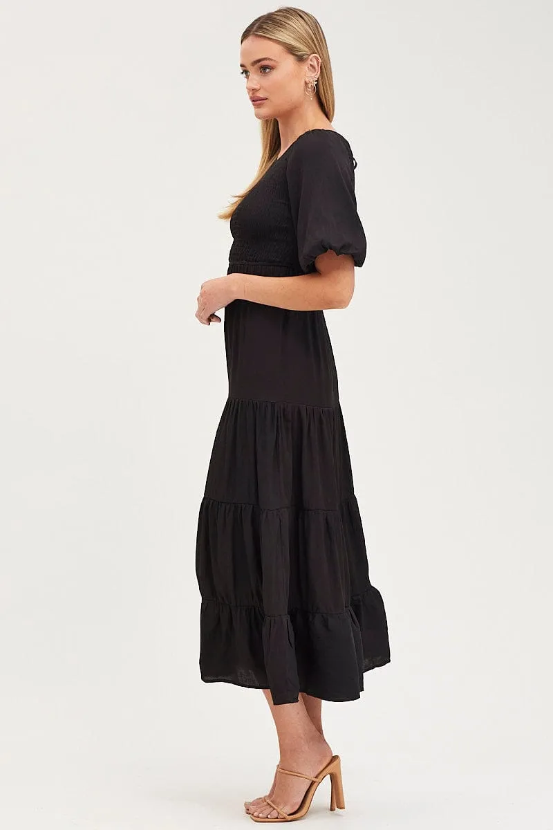Black Shirred Dress Short Sleeve Maxi Ethereal Air Platinum Shine