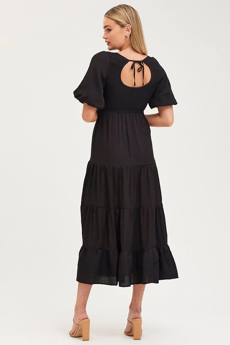 tie dye Black Shirred Dress Short Sleeve Maxi
