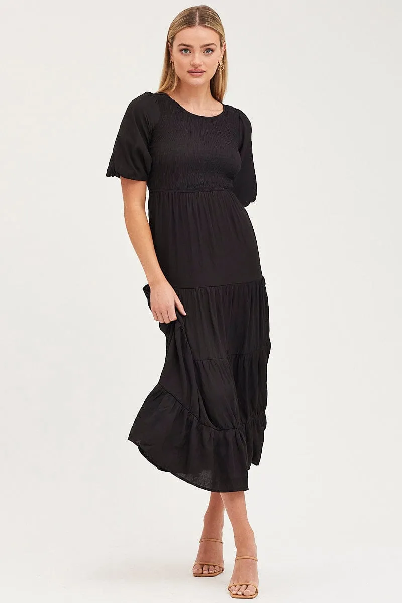Black Shirred Dress Short Sleeve Maxi Gala Mood Stylish boho dress